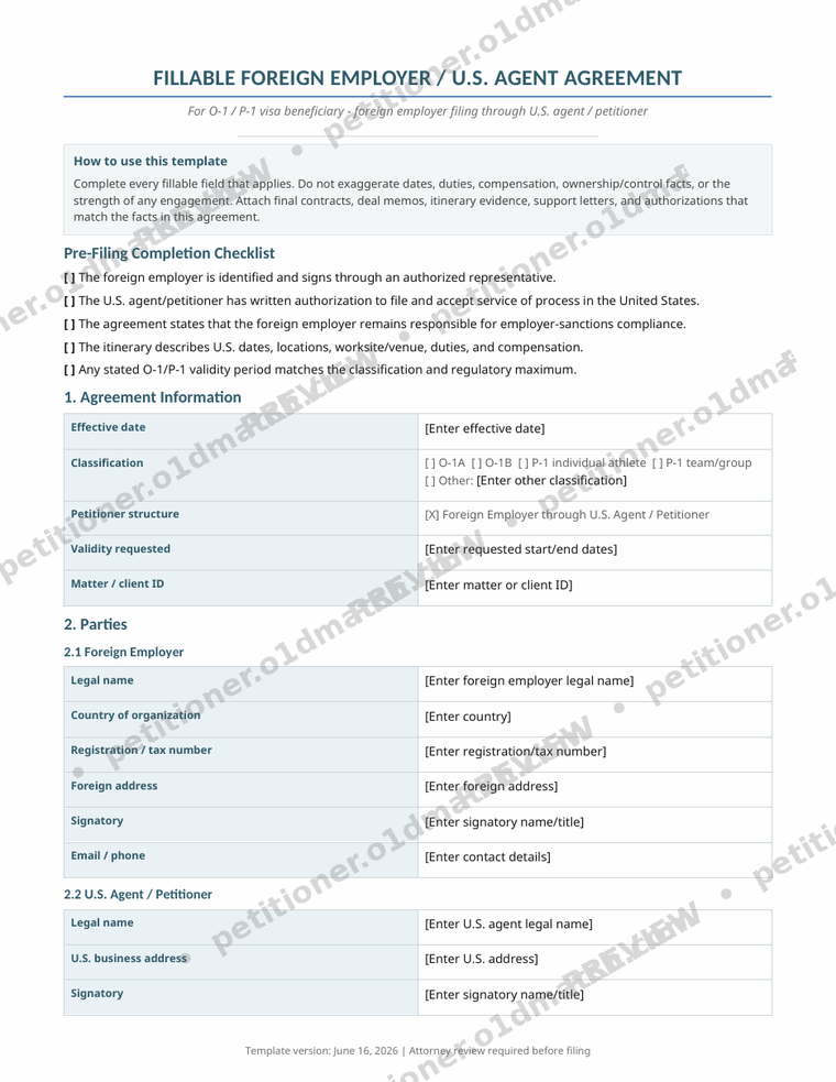 Watermarked first-page preview of the Foreign-Employer Agent Agreement template