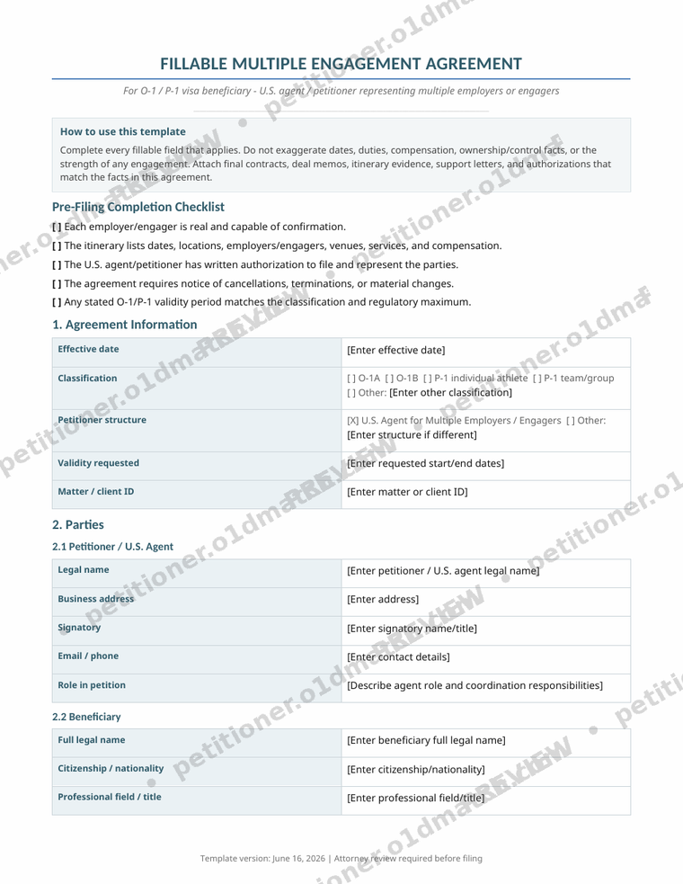 Watermarked first-page preview of the Multiple-Engagement Agreement, one of the five petitioner agreement documents in the package