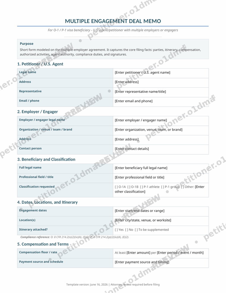 Watermarked first-page preview of the Multiple-Engagement Deal Memo included in the U.S. agent petitioner package